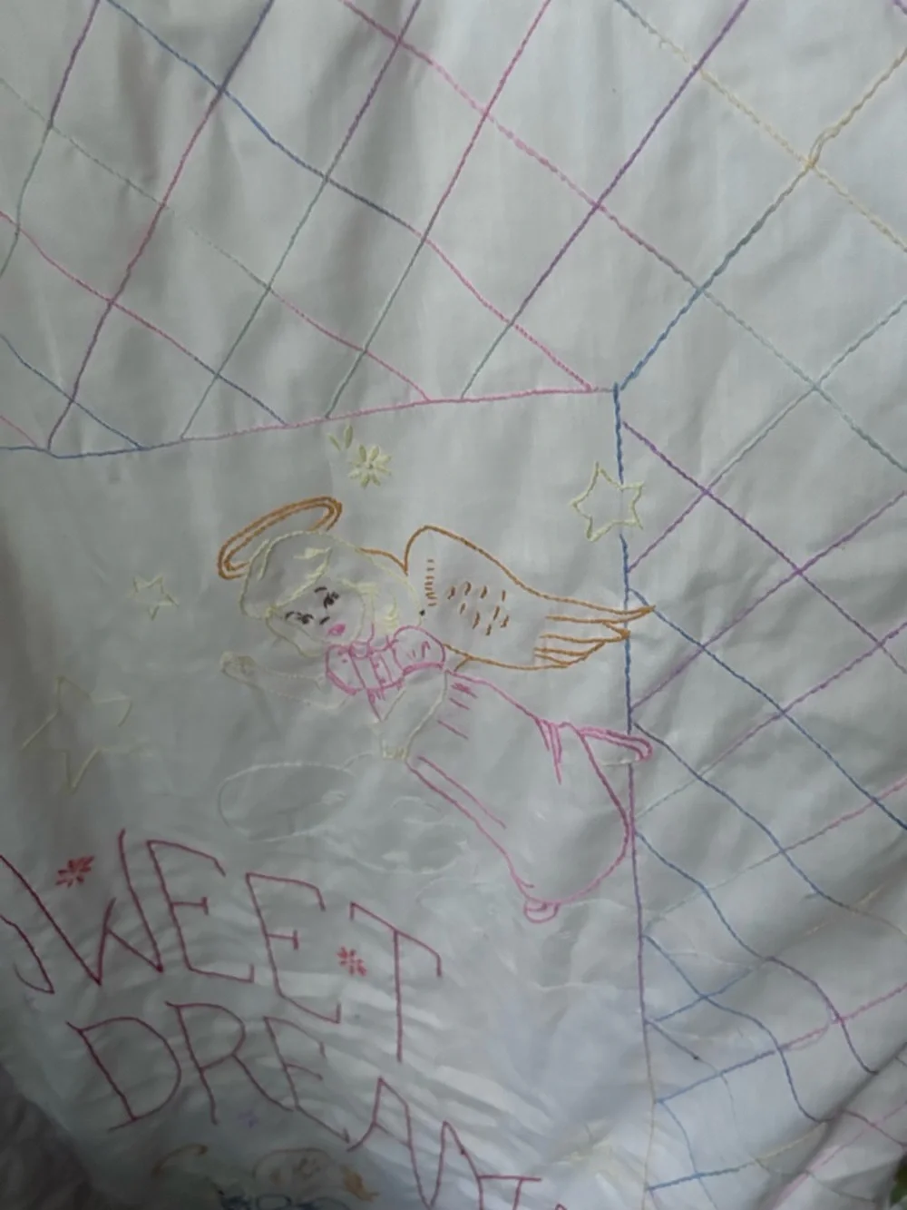 Vintage White Quilt with Pink and Green Embroidery